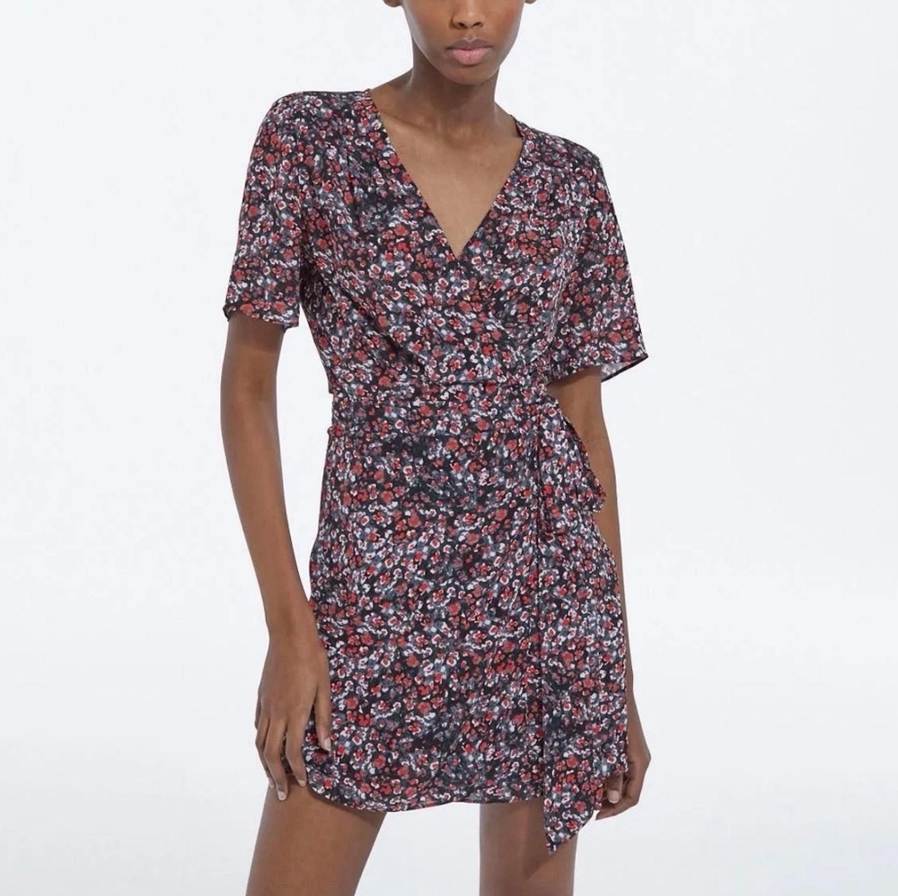 🆕️ The Kooples Red Flowers Flutter Sleeve Wrap Mini Dress in Red